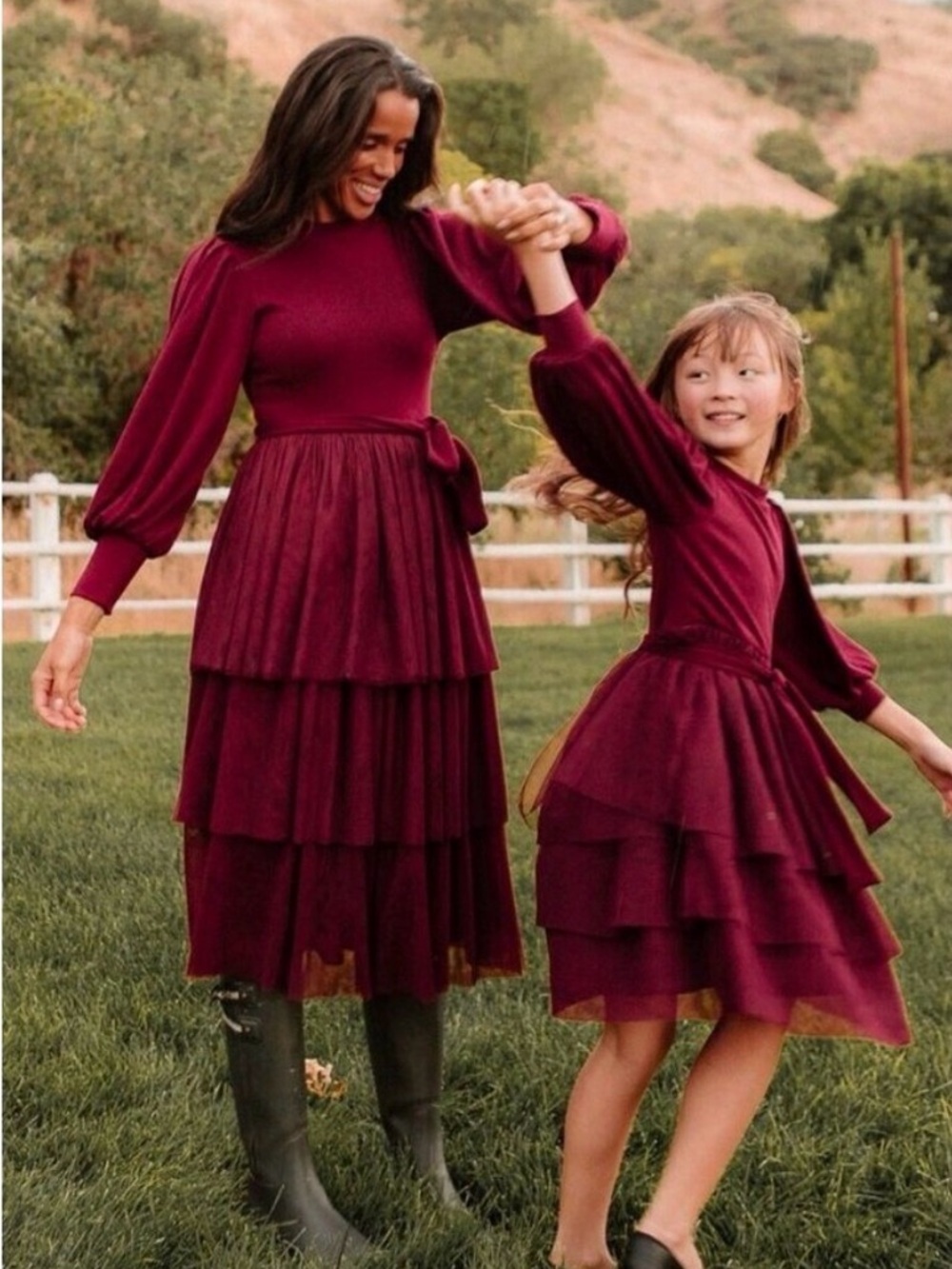 Ivy City Co Cosette Midi Dress Wine Red Ribbed Knit Tulle Ruffles Romantic Small - Picture 2 of 4